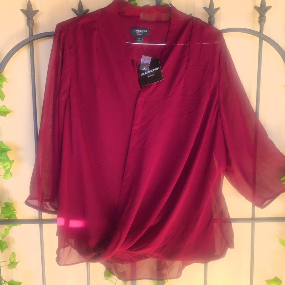 Liz Claiborne Blouse 1X Burgundy Semi Sheer w Cami